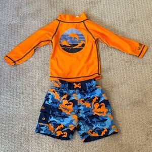 Kids Orange Long-Sleeve Rash Guard with Shark Camo Swim Shorts